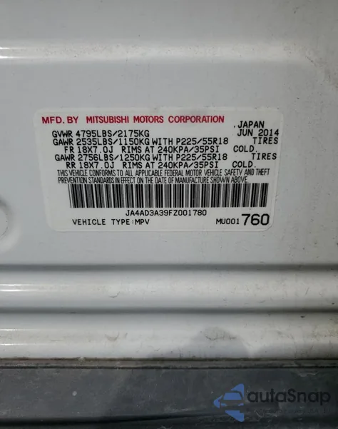 2015 Mitsubishi Outlander Se from USA, damaged, VIN JA4AD3A39FZ001780